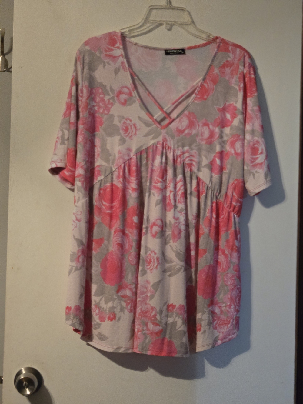 Pink & Gray Floral V‑Neck Tunic with Crisscross Detail